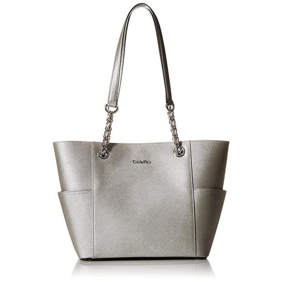 Women's Calvin Klein Chain Saffiano Leather Tote Size 16"L x 4.5"W x 10"H - Silv - Picture 1 of 14